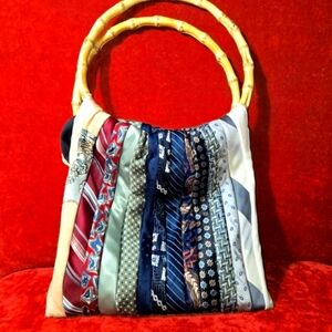 a. Re/Upcycled Tie Handbag Handmade Bamboo Hoop Handle Boho! Artsy BOHO ARTSY